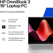 HP OmniBook 3 (2025) Laptop - AMD Ryzen 5-40 / 16inch WUXGA / 256GB SSD / 16GB RAM / Shared AMD Radeon 610M Graphics / Windows 11 Home / English Keyboard / Glacier Silver / International Version - [90NB15F1-M00BR0]