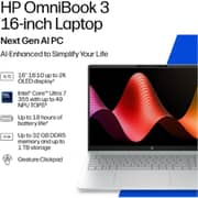 HP OmniBook 3 (2026) Laptop - 3rd Series / Intel Core Ultra 7-355 / 16inch 2K / 512GB SSD / 16GB RAM / Shared Intel Graphics / Windows 11 Home / English & Arabic Keyboard / Gracier Silver / Middle East Version - [16-BS0007NE]