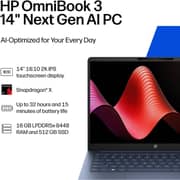 HP OmniBook 3 (2025) Laptop - Qualcomm Snapdragon X X1-26-100 / 14inch 2K / 512GB SSD / 16GB RAM / Shared Qualcomm Adreno Graphics / Windows 11 Home / English Keyboard / Starlit Blue / International Version - [14-HZ0015DX]