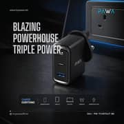 Pawa Vector Triple Port Gan Charger With USB-C Cable Black - PW-TCVR70UT-BK