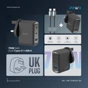 Pawa Vector Triple Port Gan Charger With USB-C Cable Black - PW-TCVR70UT-BK