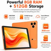 Oteeto TAB 82 Pro Tablet - WiFi 512GB 8GB RAM 8inch Orange + Keyboard & Protective Case - International Version