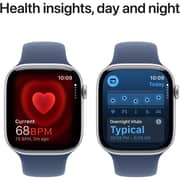 ساعة أبل سلسلة 10 تدعم نظام تحديد المواقع GPS بمقاس 42 مللي متر ومزودة بغطاء من الألومنيوم الفضي مع سوار حلقي رياضي من الدنيم مقاس صغير/متوسط