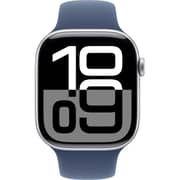 آبل ساعة Watch Series 10 تدعم نظام تحديد المواقع + شريحة اتصال وشبكة خلوية مقاس 42 مم بإطار هيكل من الألومنيوم باللون الفضي مع سوار رياضي من مادة الدنيم - مقاس صغير/متوسط 