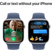 آبل ساعة Watch Series 10 تدعم نظام تحديد المواقع + شريحة اتصال وشبكة خلوية مقاس 46 مم بإطار هيكل من الألومنيوم باللون الفضي مع سوار رياضي من مادة الدنيم - مقاس متوسط/كبير