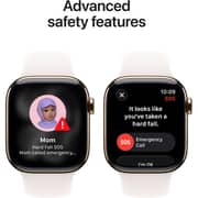 ساعة أبل سلسلة 11 تدعم الاتصال الخليوي والمدعومة بنظام تحديد المواقع GPS، بمقاس 46 ميلي متر، ومزودة بغطاءٍ من الألمنيوم ذو اللّون الذهبي، مع سوار حلقي رياضي باللّون الوردي الفاتح، مقاس متوسط/ كبير