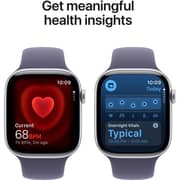 ساعة أبل واتش السلسلة 11 تدعم الاتصال الخلوي ونظام تحديد المواقع GPS مقاس 46 مللي متر بإطار ألومنيوم فضي مع سوار رياضي لون ليلكي ضبابي S/M