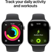 ساعة أبل واتش السلسلة 11 تدعم نظام تحديد المواقع GPS مقاس 46 مللي متر بإطار ألومنيوم لون رمادي فلكي مع سوار رياضي لون أسود S/M