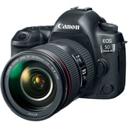 كاميرا كانون رقمية بعدسة أحادية عاكسة سوداء طراز EOS 5D Mark IV  مع عدسة مقاس 24-105 مم ومثبت صورIS ومزودة بتقنية USM.