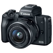 كاميرا كانون رقمية طراز EOS M50 بدون مرآة سوداء مع عدسة EF-M مقاس 15-45 مم وفتحة بؤرة f/3.5-6.3 مزودة بتقنية STM.