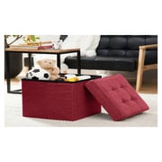 Foldable Tufted Linen Storage Ottoman Foot Rest Stool/Seat Red