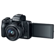 كاميرا كانون رقمية طراز EOS M50 بدون مرآة سوداء مع عدسة EF-M مقاس 15-45 مم وفتحة بؤرة f/3.5-6.3 مزودة بتقنية STM.