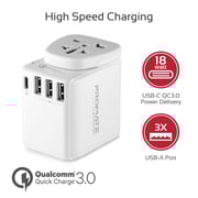 Promate Universal Travel Adapter, Worlds First Grounded Power Adapter with Resettable Fuse TripMate-PD18 White