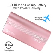 Promate 10000mAh USB-C Power Bank, Compact Palm Size 18W USB Type-C Input /Output Power Delivery External Battery Charger PowerTank-10 RoseGold