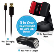 مجموعة 3 في 1 شاحن للسيارة بمنفذين مع كابل Micro USB + حامل هاتف محمول للسيارة من بروميت - لون أسود