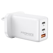 Promate GaN 65W USB-C Laptop Charger with Dual Type-C PD and 30W USB-A Port, GaNPort3-65PD White