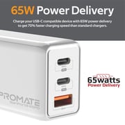 Promate GaN 65W USB-C Laptop Charger with Dual Type-C PD and 30W USB-A Port, GaNPort3-65PD White