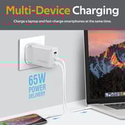 Promate GaN 65W USB-C Laptop Charger with Dual Type-C PD and 30W USB-A Port, GaNPort3-65PD White