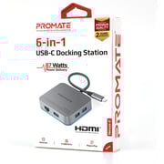 Promate 6-in 1 USB C Hub with RJ45, 87W Type-C PD, 4K HDMI Port, 3 USB 3.0 Port,Nexus-C .Grey