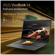 Asus Vivobook M413IA-EB211T Laptop - Ryzen7 2GHz 8GB 512GB Win10 14inch FHD Black English/Arabic Keyboard