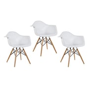 Mahmayi Furniture Set of 3 White - Eames Style Armchair with Natural Wood Legs Eiffel Dining Room Chair - Lounge Chair Arm Chair Arms Chairs Seats Wooden Wood Leg Base Molded Plastic