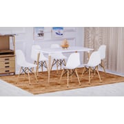 Mahmayi Cenare 7 Piece Dining Set For Kitchen, 140 X 80 Dining Table With 6 Dsw Plastic Chair, Dining Room Set Lounge Set, Eiffel Legged Base Molded Plastic Seat Shell Top Side Chairs White