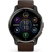 Garmin 0100249615 VENU 2 Plus GPS Smart Watch Slate Stainless Steel Bezel W/Slate Case Brown and Leather Band