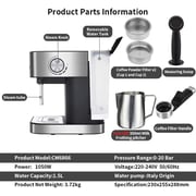 Espresso Machine w/ Milk Frother, 20 Bar Pump, 1.5L Water Tank, 1050W -  Semi-Aut