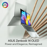 لابتوب Asus Zenbook 14 OLED بتصميم رفيع موديل UX3402ZA-OLED1Q5W بشاشة 2.8K مقاس 14 بوصة ومعالج Core i5 1.7GHz  وذاكرة رام 8 جيجابايت وذاكرة داخلية 512 جيجابايت ونظام تشغيل Win11Home وبلون سيلادون مائي ولوحة مفاتيح إنجليزي/ عربي