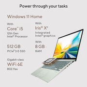 لابتوب Asus Zenbook 14 OLED بتصميم رفيع موديل UX3402ZA-OLED1Q5W بشاشة 2.8K مقاس 14 بوصة ومعالج Core i5 1.7GHz  وذاكرة رام 8 جيجابايت وذاكرة داخلية 512 جيجابايت ونظام تشغيل Win11Home وبلون سيلادون مائي ولوحة مفاتيح إنجليزي/ عربي