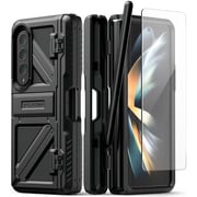 VRS Design Terra Guard Ultimate S [S-Pen Compartment in Hinge Protection] designed for Samsung Galaxy Z Fold 4 case cover (2022) with Kickstand & Screen Protector- Matte Black (S-Pen NOT included)