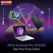 لابتوب Asus Vivobook Pro 14 موديل M3401QA-OLED0R5W بشاشة OLED مقاس 14 بوصة معالج Core Ryzen 5 3.3GHz وذاكرة رام  8 جيجابايت وذاكرة داخلية 512 جيجابايت مع نظام تشغيل Win11Home وبلون أزرق ولوحة مفاتيح إنجليزي/ عربي