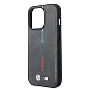 BMW M Collection Magsafe Quilted Pu Case With Hot Stamped Tricolor Stripe & Printed Logo For iPhone 14 Pro Max - Grey