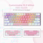 لوحة مفاتيح Redragon K617 Fizz 60 سلكية للألعاب RGB، لوحة مفاتيح ميكانيكية مضغوطة مكونة من 61 مفتاحًا مع أغطية مفاتيح باللونين الأبيض والوردي