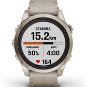 Garmin Fenix 7S Pro Sapphire Solar Edition Soft Gold Stainless Steel with Limestone Leather band Smartwatch 42mm- (includes Tundra silicone watch band) 010-02776-30