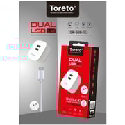 Toreto Wall Charger Dual USB With Type-C Cable White