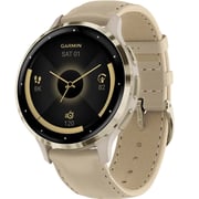 Garmin Venu 3S Soft Gold Stainless Steel Bezel and French grey Leather