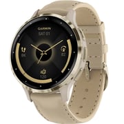 Garmin Venu 3s GPS Smartwatch Soft Gold Stainless Steel Bezel With French Grey Case and Leather Band (includes French Gray silicone band) 41mm 010-02785-55