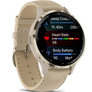 Garmin Venu 3s GPS Smartwatch Soft Gold Stainless Steel Bezel With French Grey Case and Leather Band (includes French Gray silicone band) 41mm 010-02785-55