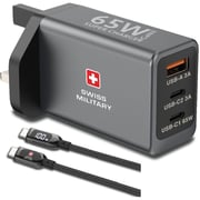 Swiss Military 3 Port GaN Wall Charger Cable 2m Black