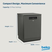 Beko Freestanding Dishwasher, 15 Place Settings, 11 Programs, A++ Energy Rating, Manhattan Grey - BDEN38533GC