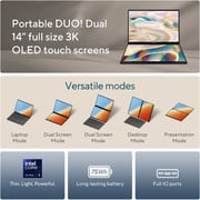 Asus Zenbook Duo OLED (2023) Ultrabook - 1st Series / Intel Core Ultra 9-185H / 14inch 3K OLED / 2TB SSD / 32GB RAM / Shared Intel Arc Graphics / Windows 11 Home / Inkwell Gray - [UX8406MA-OLEDI9IG]