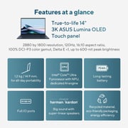 Asus Zenbook 14 OLED (2023) Ultrabook - 1st Gen / Intel Core Ultra 9-185H / 14inch 3K / 1TB SSD / 16GB RAM / Shared Intel Arc Graphics / Windows 11 Home / English & Arabic Keyboard / Ponder Blue / Middle East Version - [UX3405MA-OLED9W]