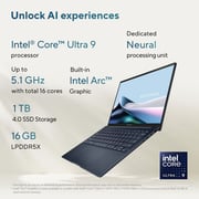 Asus Zenbook 14 OLED (2023) Ultrabook - 1st Gen / Intel Core Ultra 9-185H / 14inch 3K / 1TB SSD / 16GB RAM / Shared Intel Arc Graphics / Windows 11 Home / English & Arabic Keyboard / Ponder Blue / Middle East Version - [UX3405MA-OLED9W]