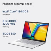 Asus Vivobook Go 14 (2024) Laptop - Intel Core i3-N305 / 14inch FHD / 512GB SSD / 8GB RAM / Shared Intel Iris Xe Graphics / Windows 11 Home / English & Arabic Keyboard / Cool Silver / Middle East Version - [E1404GA-NK004W]