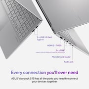 ASUS Vivobook S 15 (2024) Laptop - Snapdragon X Elite X1E 78 100 / 15.6inch 3K OLED / 1TB SSD / 32GB RAM / Shared Qualcomm Adreno GPU Graphics / Windows 11 Home / English & Arabic Keyboard / Silver / Middle East Version-[S5507QA-MA001W]