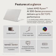 Asus Zenbook S 16 OLED (2024) AI PC - AMD Ryzen AI 9 HX 370 / 16inch 3K / 2TB SSD / 32GB RAM / Shared AMD Radeon 890M Graphics / Windows 11 Home / English & Arabic Keyboard / Scandinavian White / Middle East Version - [UM5606WA-RK233W]