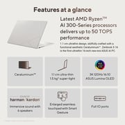 Asus Zenbook S 16 OLED (2024) Laptop - AMD Ryzen AI 9 HX 370 / 16inch 3K / 2TB SSD / 32GB RAM / Shared AMD Radeon 890M Graphics / Windows 11 Home / English & Arabic Keyboard / Scandinavian White / Middle East Version - [UM5606WA-RK233W] - Pre-order
