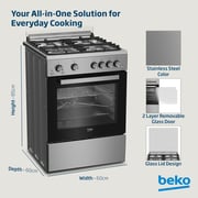 Beko 60x60cm Freestanding Gas Cooker, 4 Burners (1 Wok), Conventional Fan Oven, 64L, Stainless Steel - FSHT61121DXL
