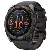 جارمين الساعة الذكية Fenix ​​8 اموليد مقاس 51 مم من الياقوت والكربون الرمادي DLC التيتانيوم مع سيليكون أسود/رمادي بلون الحصى 010-02905-21